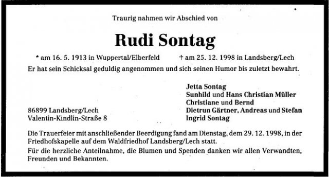 Sontag Rudolf 1913-1998 Todesanzeige